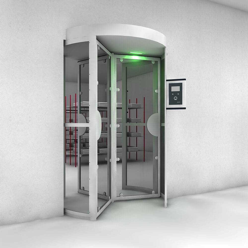 Glasdrehkreuz als Eingang für intelligentes Wäschedepot